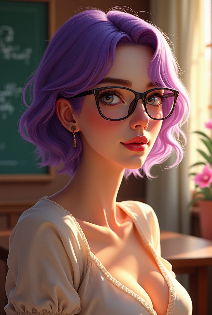 Quality first,masterpiece in detail,30 year old beautiful woman wearing glasses, purple hair,Be a teacher,sportrait,closeup cleavage,in class room,fresh flowers,Rich in color