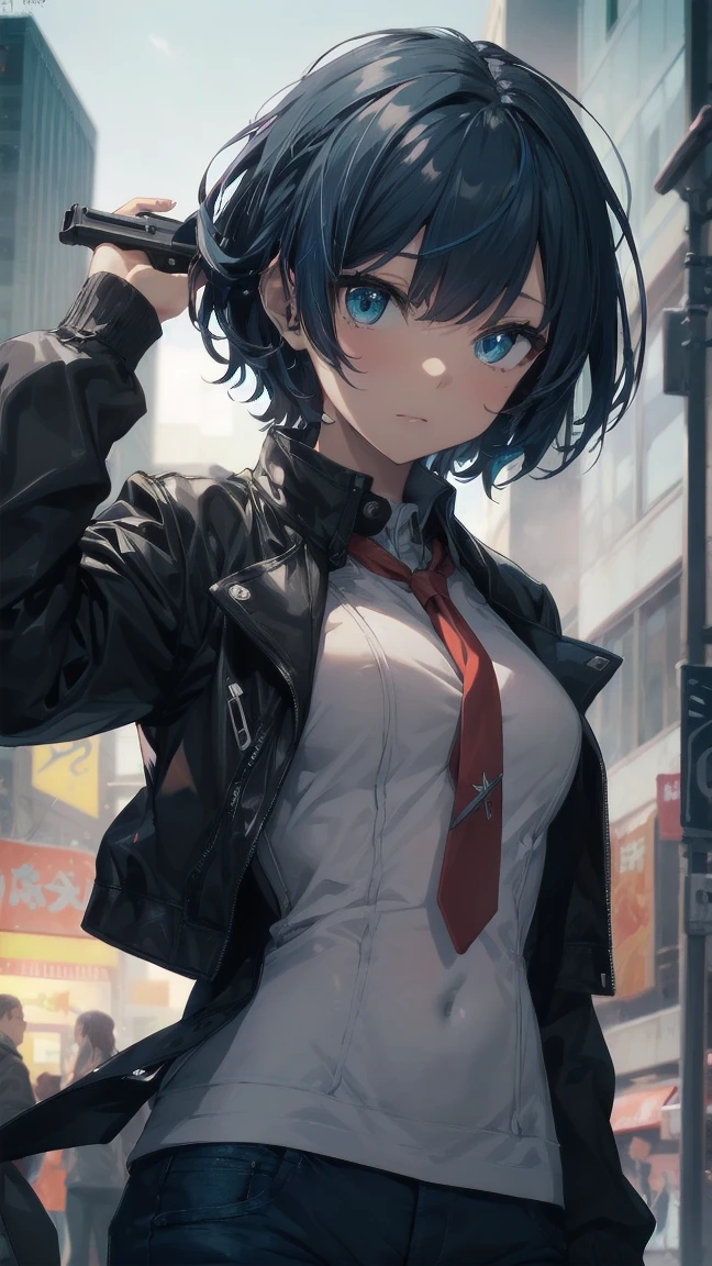 Anime character with gun and black jacket, artwork in the style of Gwaiz, Anime Style 4k yen, Gwaiz, Anime Style. 8k, Gwaiz on artstation pixiv, Gwaiz on pixiv artstation, Ilya Kuvshinov. 4k yen, 4k anime wallpaper, Cyberpunk anime, High quality anime art style, Jinx Face, Wolf Cut, short hair, hot pants, Small breasts, ((Black Hair, Inner bright blue hair:1.4)), Pitch Resuit, rubber ,Nipples, tits, R18, Nipple piercing, Slanted Eyes, Ahegao
