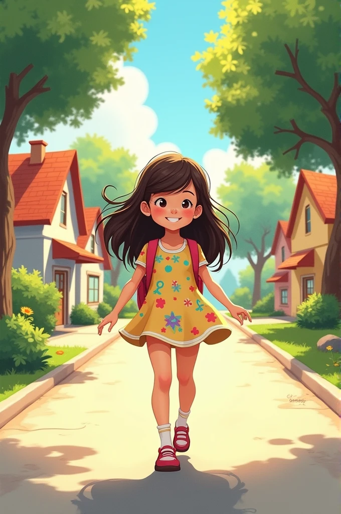 drawing of a girl wearing a short dress on her way to school