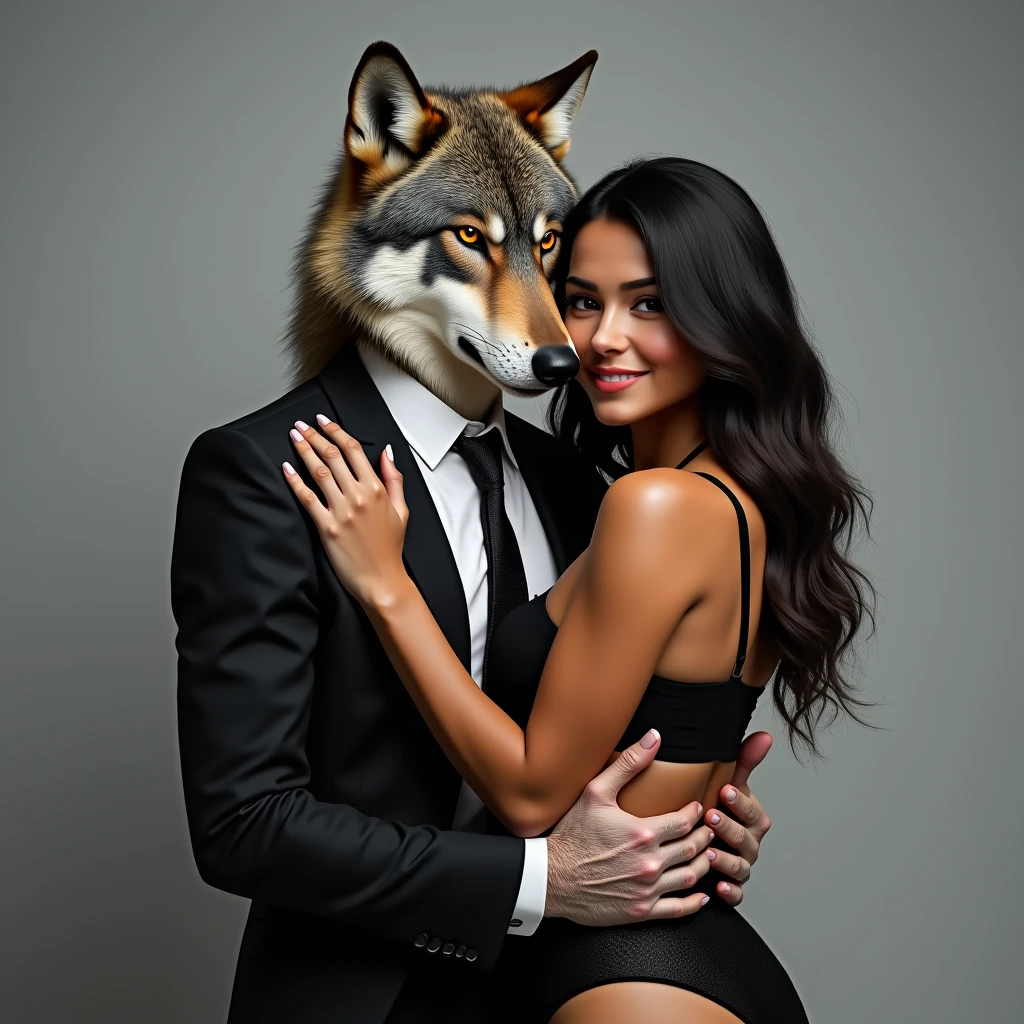 Wolf dressed in a suit hugging a Latina woman, 19 years, with huge breasts, Nice smile, she in black lingerie, she looking at the camera, Photo studio, realist, ultra realist