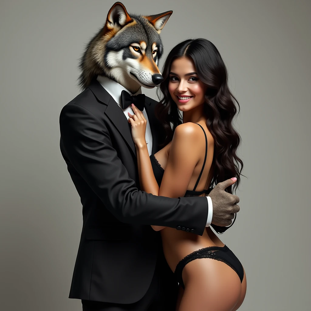 Wolf dressed in a suit hugging a Latina woman, 19 years, with huge breasts, Nice smile, she in black lingerie, she looking at the camera, Photo studio, realist, ultra realist 