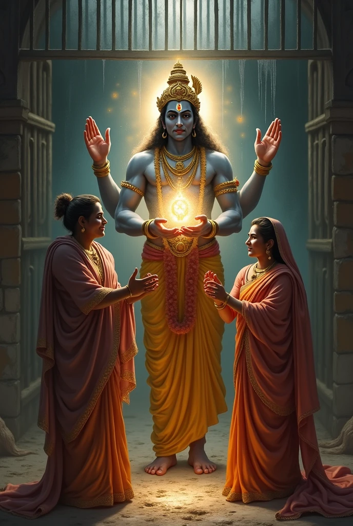 Lord Vishnu is blessing with his hands the newly born krishna of Devaki and father Vasudev in prison of cell