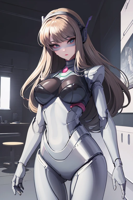 (masterpiece),(Highest quality),(Super detailed),(Best illustrations),(Best Shadow),(Absurd),(Detailed Background),(so beautiful), 16K, 8K, 4K,(Best Shadow),empty eyes,robotization,woman ,big bust,Robot Joint ,Metal skin,Black Suit,long hair,a suit that covers the whole body,tight bodysuit