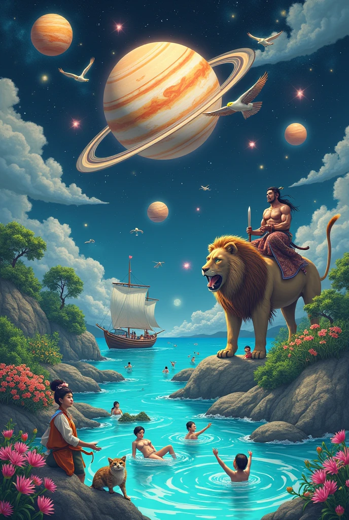 Mixing of Jupiter Uranus mercury mars Venus and earth with boat floating in neon sea and cat flying with eagles and humans swiming in sea happily with women making dall and rice and a person burning fire of blue colour and a huge lion siting on Jupiter with a mascular samurai of green eyes