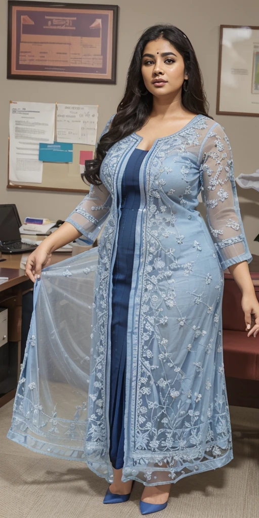Day scene, A radiant, full-figured South Indian 3 aunty a navy blue colour chiffon fully transparent kurta, bra visible through kurta, ,standing, in a office captured in a full-body image with vibrant hues and meticulous details. Full body image