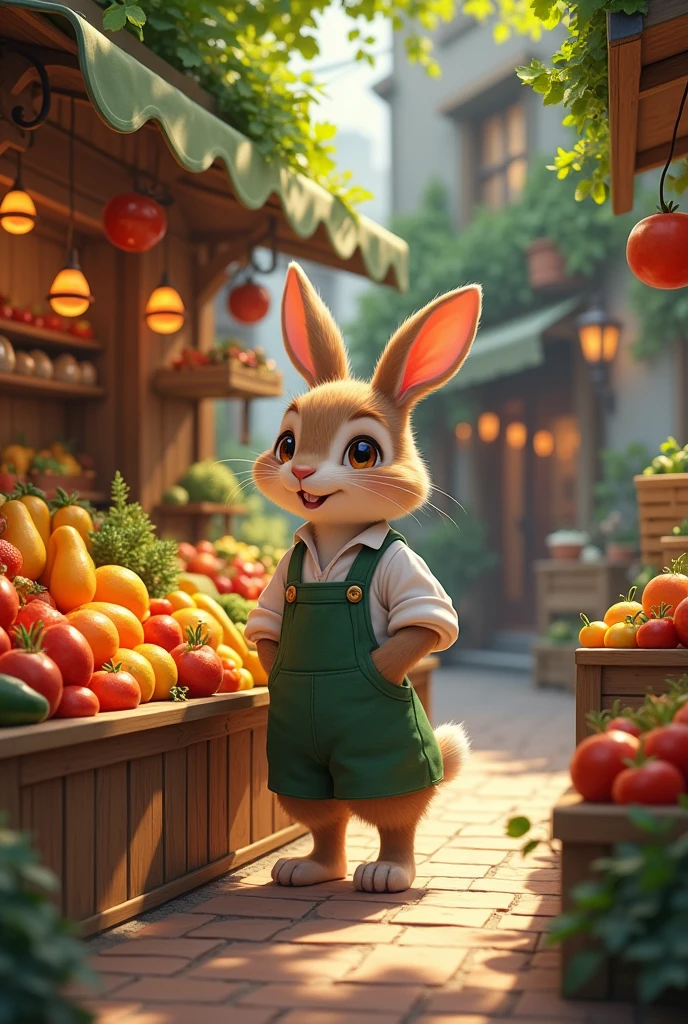 An adult rabbit selling fruits and vegetables in his fruit shop 