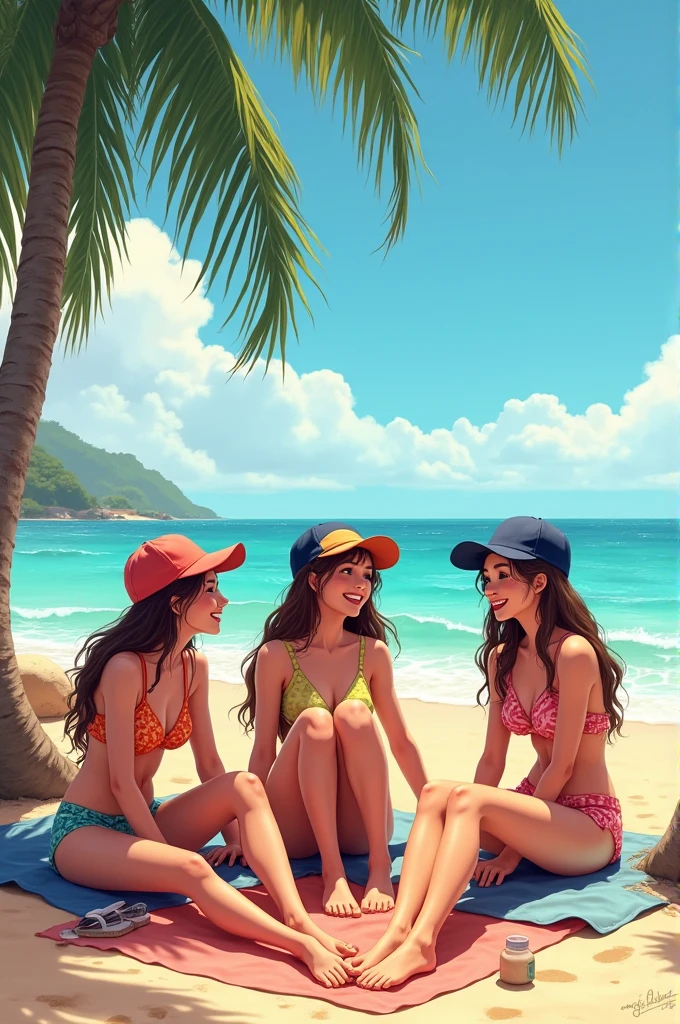 Cute teenage girls trio enjoying on the Goa beach
