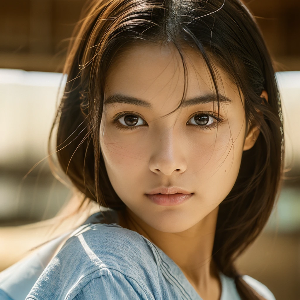 A hyper-realistic image of a single Japanese woman in her early 20s, captured with the nostalgic warmth and subtle graininess of a film camera. Her skin has a warm beige tone with a natural, slightly rough texture that includes visible pores, fine lines, and subtle imperfections such as small blemishes, adding to the authenticity of her appearance. The soft, diffused natural light enhances the film-like quality, casting gentle shadows that create a timeless, organic feel. Her straight, glossy black hair frames her face in a natural, slightly tousled manner, and her deep brown eyes reflect the ambient light, adding depth and emotion. The film camera effect introduces a slight grain and a softer focus, giving the image a warm, nostalgic atmosphere while maintaining the realistic texture of her skin. She is dressed simply, in a way that complements her natural beauty, with the overall composition designed to evoke a sense of genuine, understated elegance. The use of natural light, combined with the deliberately rougher texture of her skin and the film-like qualities, ensures that this image captures the imperfections that make her beauty truly lifelike, focusing solely on this one individual.
