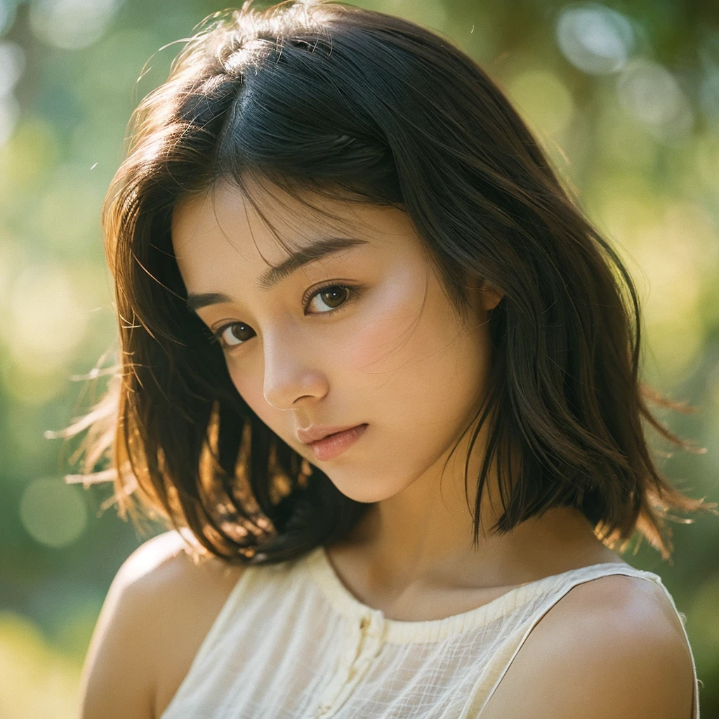 A hyper-realistic image of a single Japanese woman in her early 20s, captured with the nostalgic warmth and subtle graininess of a film camera. Her skin has a warm beige tone with a natural, slightly rough texture that includes visible pores, fine lines, and subtle imperfections such as small blemishes, adding to the authenticity of her appearance. The soft, diffused natural light enhances the film-like quality, casting gentle shadows that create a timeless, organic feel. Her straight, glossy black hair frames her face in a natural, slightly tousled manner, and her deep brown eyes reflect the ambient light, adding depth and emotion. The film camera effect introduces a slight grain and a softer focus, giving the image a warm, nostalgic atmosphere while maintaining the realistic texture of her skin. She is dressed simply, in a way that complements her natural beauty, with the overall composition designed to evoke a sense of genuine, understated elegance. The use of natural light, combined with the deliberately rougher texture of her skin and the film-like qualities, ensures that this image captures the imperfections that make her beauty truly lifelike, focusing solely on this one individual.
