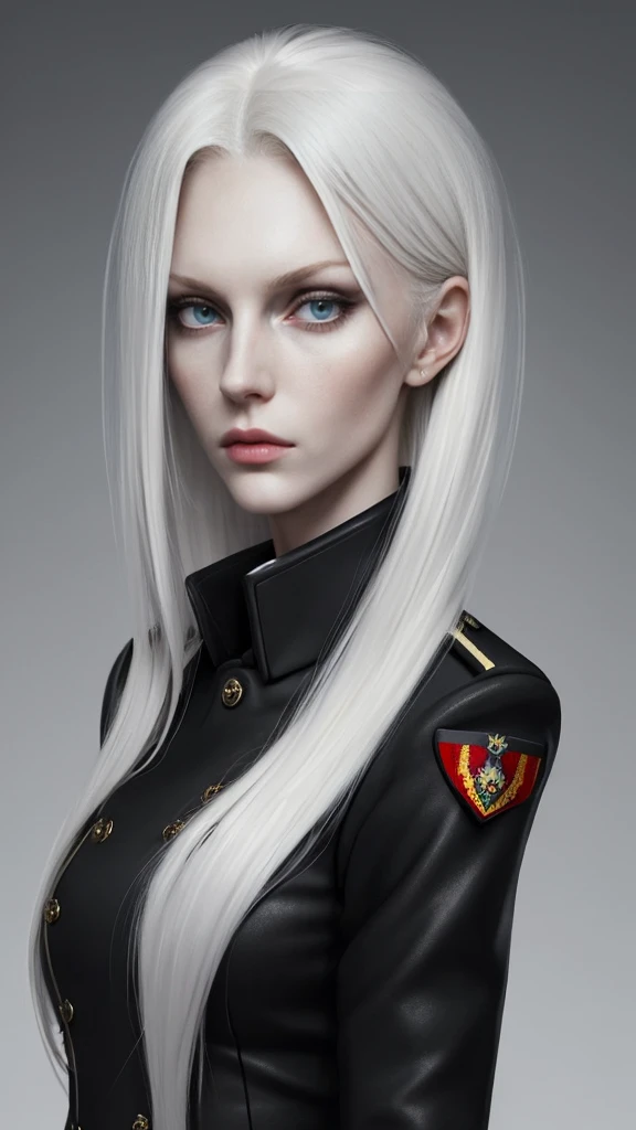 Tall and slender Russian beauty。2。Her platinum blonde hair is half-up。Expressionless and cold。The eyes are kind.。Wearing jet black military uniform。
