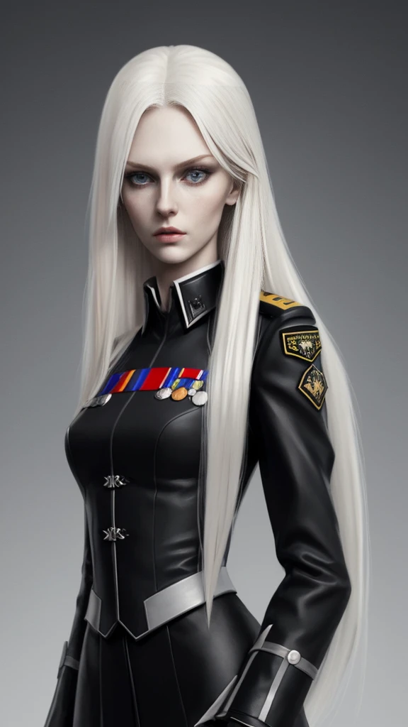 Tall and slender Russian beauty。2。Her platinum blonde hair is half-up。Expressionless and cold。The eyes are kind.。Wearing jet black military uniform。
