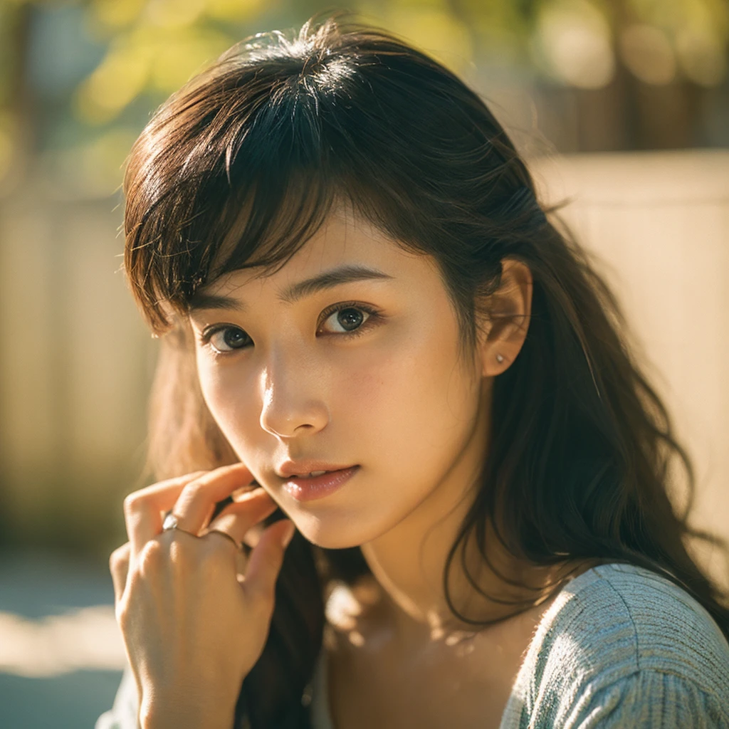 A hyper-realistic image of a single Japanese woman in her early 20s, captured with the nostalgic warmth and subtle graininess of a film camera. Her skin has a warm beige tone with a natural, slightly rough texture that includes visible pores, fine lines, and subtle imperfections such as small blemishes, adding to the authenticity of her appearance. The soft, diffused natural light enhances the film-like quality, casting gentle shadows that create a timeless, organic feel. Her straight, glossy black hair frames her face in a natural, slightly tousled manner, and her deep brown eyes reflect the ambient light, adding depth and emotion. The film camera effect introduces a slight grain and a softer focus, giving the image a warm, nostalgic atmosphere while maintaining the realistic texture of her skin. She is dressed simply, in a way that complements her natural beauty, with the overall composition designed to evoke a sense of genuine, understated elegance. The use of natural light, combined with the deliberately rougher texture of her skin and the film-like qualities, ensures that this image captures the imperfections that make her beauty truly lifelike, focusing solely on this one individual.
