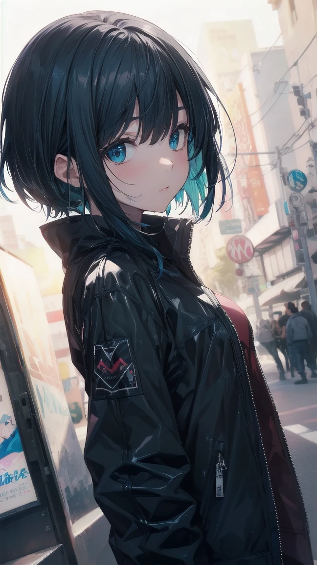 Anime character with gun and black jacket, artwork in the style of Gwaiz, Anime Style 4k yen, Gwaiz, Anime Style. 8k, Gwaiz on artstation pixiv, Gwaiz on pixiv artstation, Ilya Kuvshinov. 4k yen, 4k anime wallpaper, Cyberpunk anime, High quality anime art style, Jinx Face, Wolf Cut, short hair, hot pants, Small breasts, ((Black Hair, Inner bright blue hair:1.4)), Pitch Resuit, rubber ,Nipples, tits, R18, Nipple piercing, Slanted Eyes, Ahegao