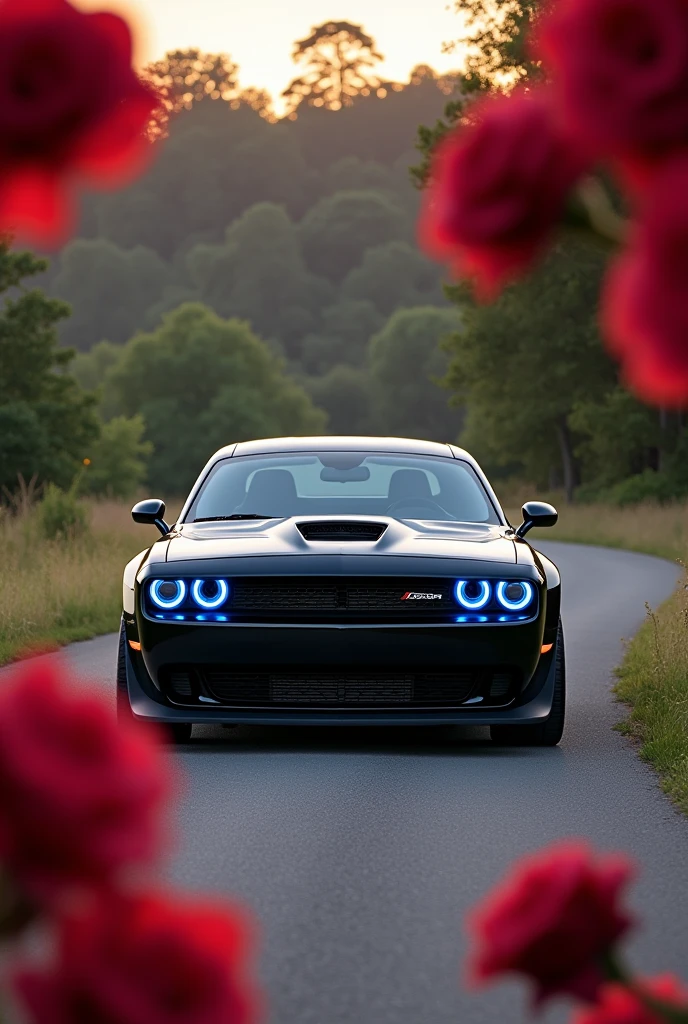 A black colour dodge challenger car on road and red roses and car headlight is blue colour