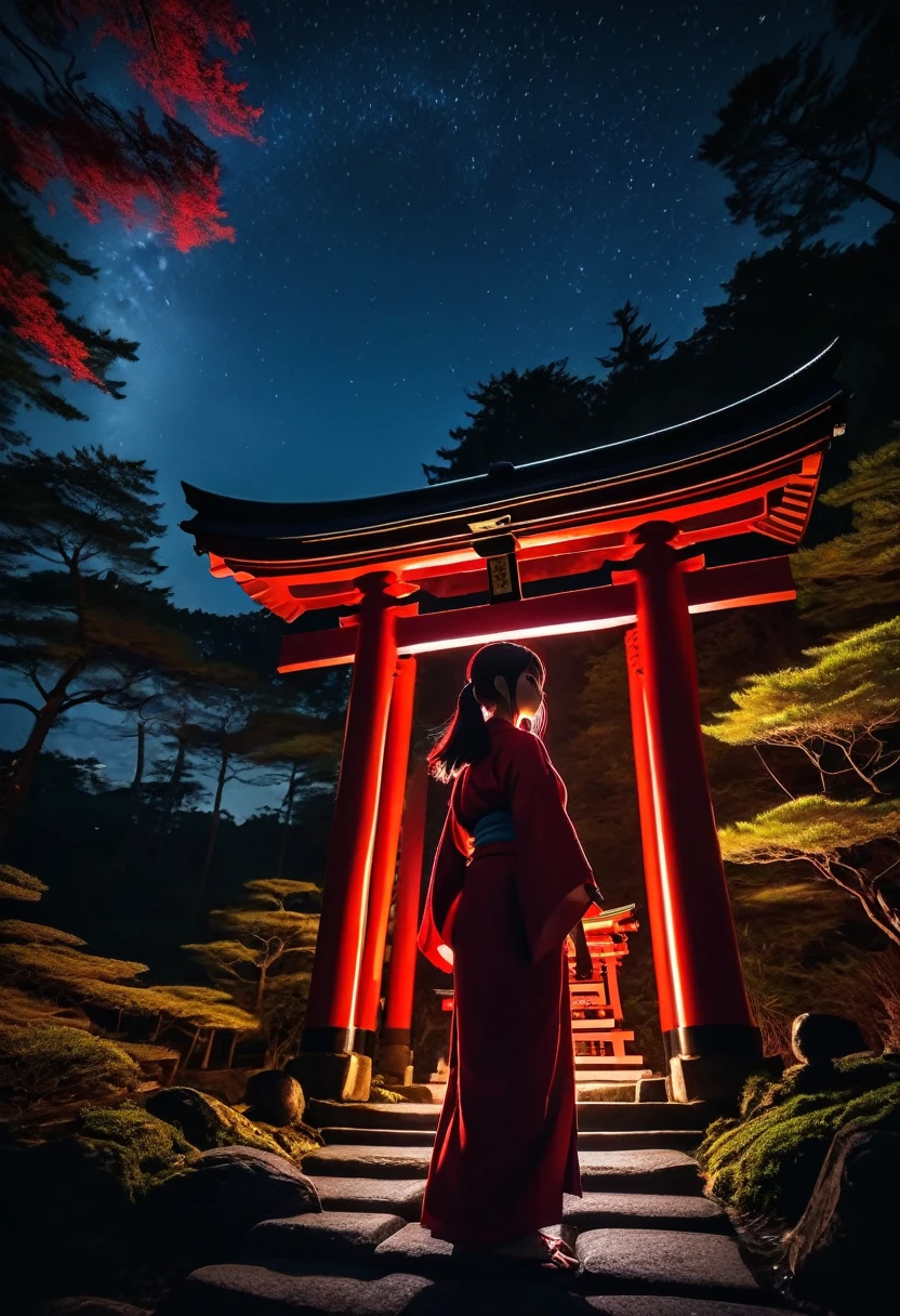 Dark aura,  Dynamic Angle, 8k, red, High resolution, Hiding in the shadows, At a Japanese shrine at night, Beautiful night sky, Forest in the background, Outdoor, whole body, detailed, Action pose, Dynamic Angle