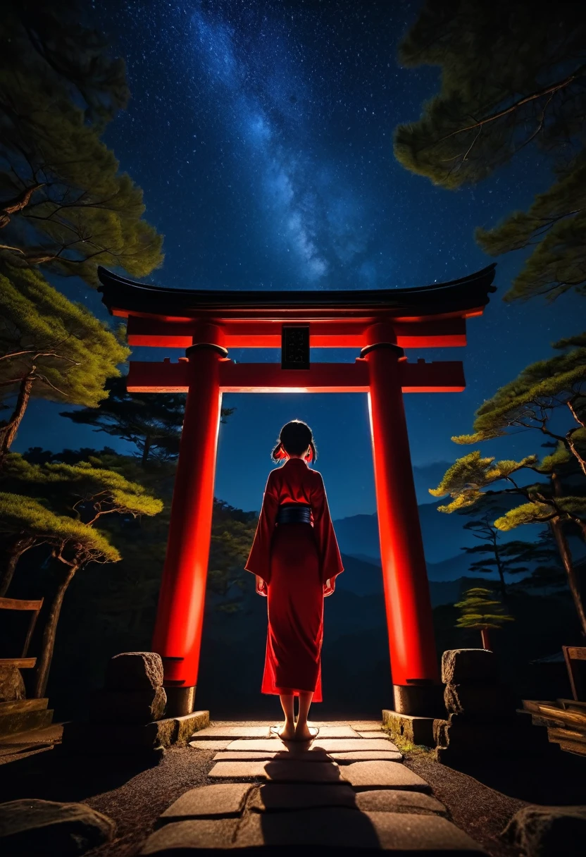 Dark aura, Dynamic Angle, 8k, red, High resolution, Hiding in the shadows, At a Japanese shrine at night, Beautiful night sky, Forest in the background, Outdoor, whole body, detailed, Action pose, Dynamic Angle
