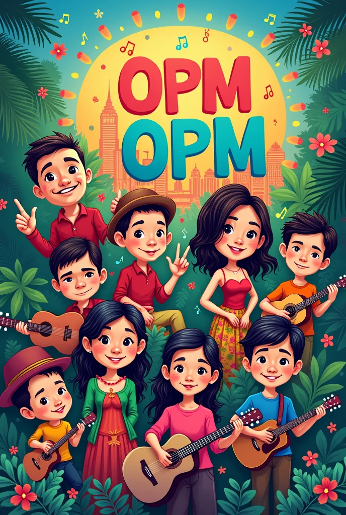 A poster about OPM Songs or Popular Philippine Music (cartoon style, portrait)