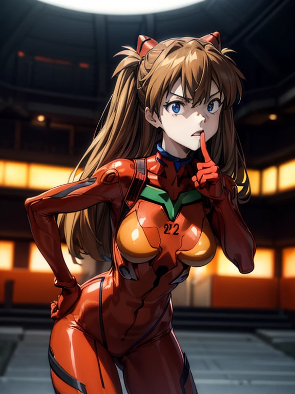 ultra-detailed, illustration, Beautiful Face, Beautiful body, ((souryuu asuka langley, interface headset, red bodysuit:1.4, Orange-brown hair)), glowing eyes, Sparkling Eyes, (beautiful and detailed eyes:1.1), whole body, (((Raise left index finger to attention:1.4, Place the other hand on your hip, Attention gesture))), (Mouth open in a preachy tone:1.25), (Leaning forward), The background is NERV Headquarters, [[delicate fingers and hands:0.55]::0.85],(detail fingers), (Toon Shader Rendering), photo with an 85mm camera, ((masterpiece, best quality, high resolution))