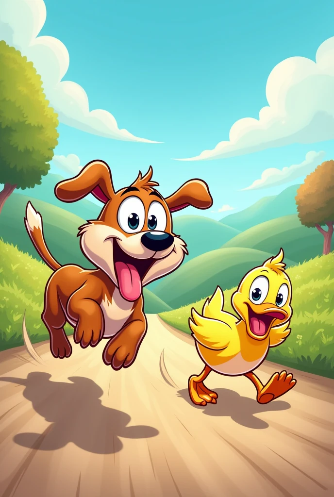 Make a cartoon happy dog chasing a duck