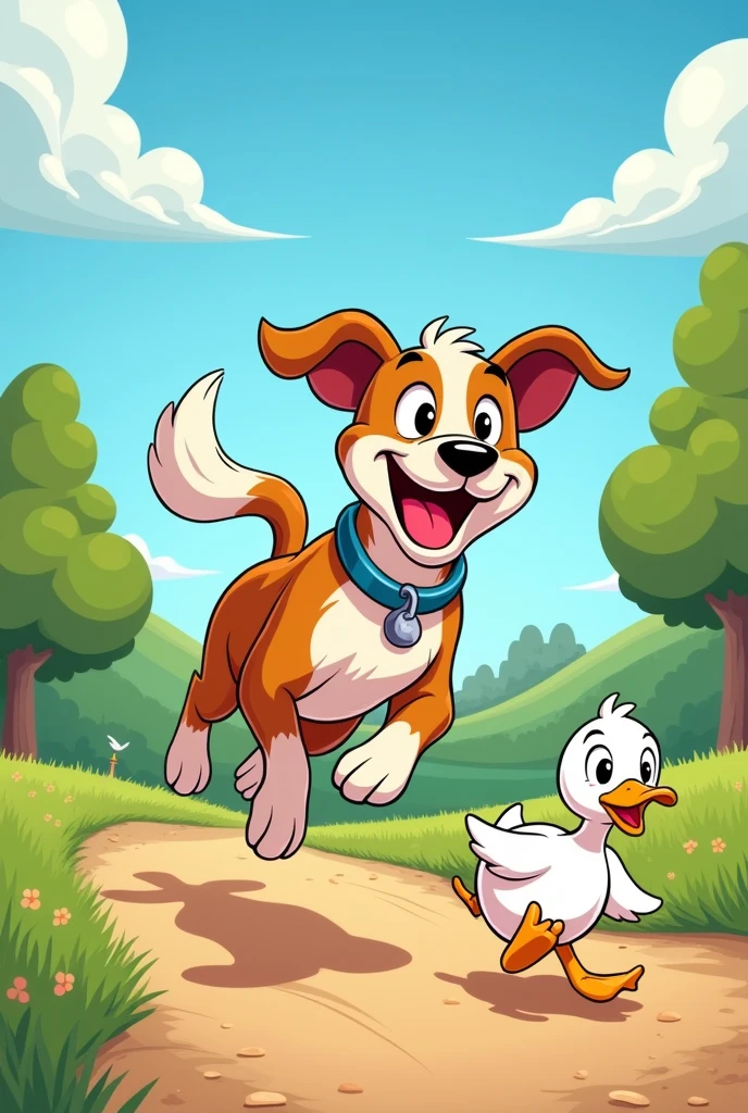 Make a cartoon happy dog chasing a duck