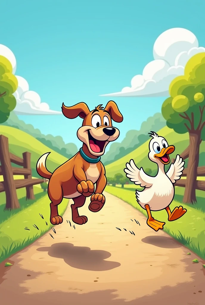 Make a cartoon happy dog chasing a duck