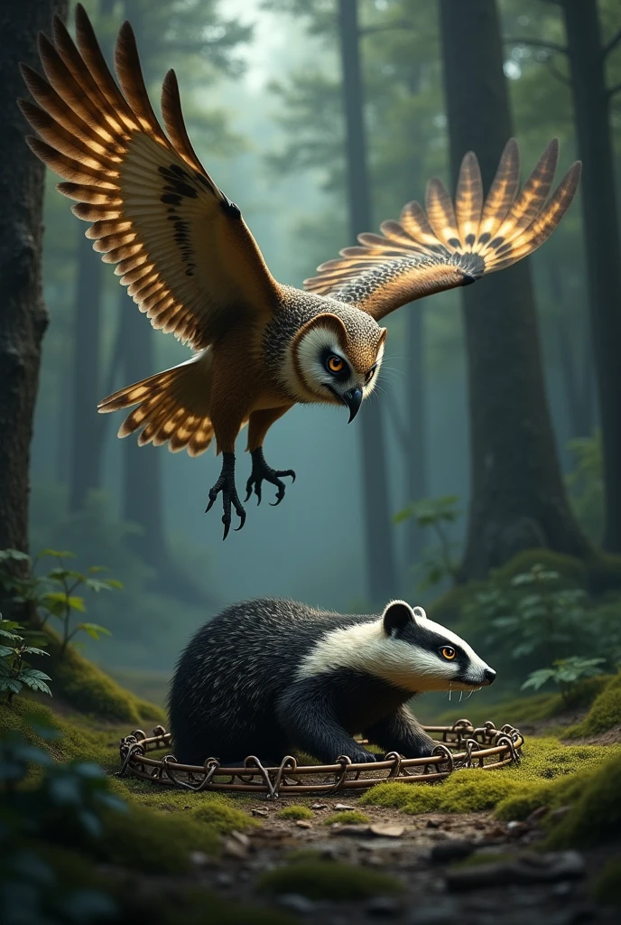 When Romulus the owl arrived where Bruno the badger had been trapped in the forest in a bear trap, he found that Bruno was very scared and could not stop crying.