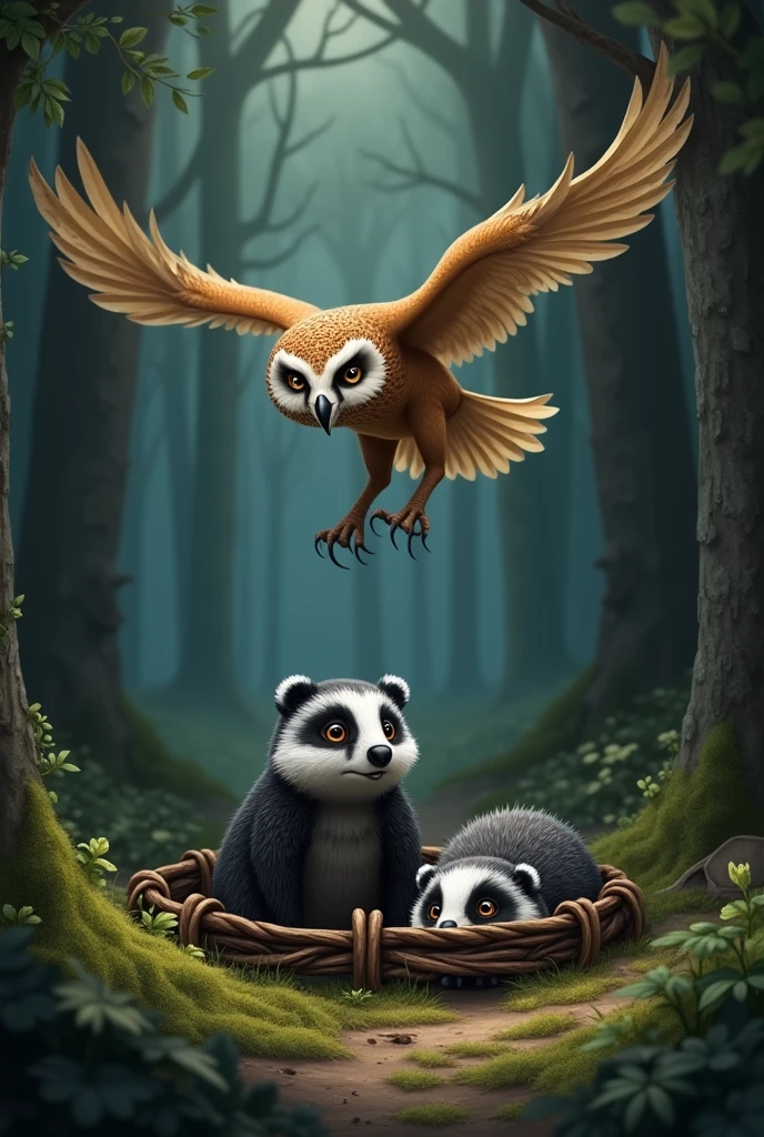 When Romulus the owl arrived where Bruno the badger had been trapped in the forest in a bear trap, he found that Bruno was very scared and could not stop crying. 