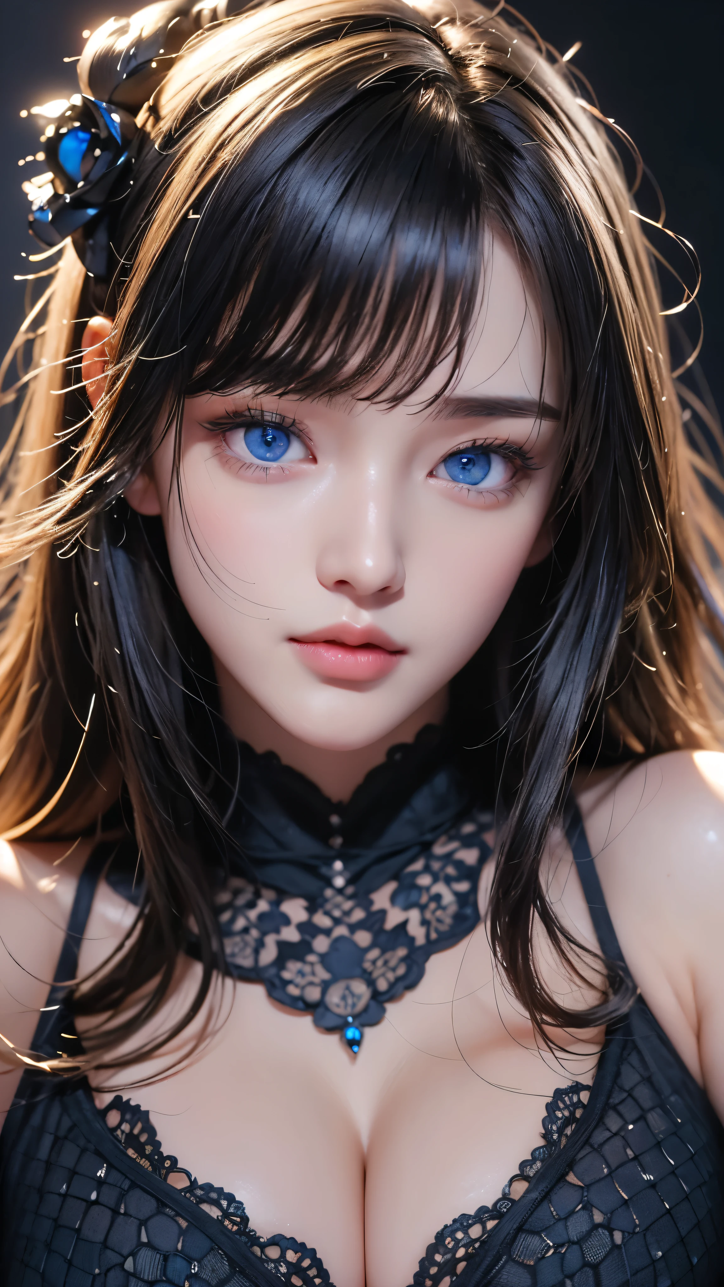 masterpiece, Highest quality, Very detailed, Facing the camera, Super detailed, Realistic, Sharp features, Very detailed, Sharp focus, Perfect Face, Perfect Face, Perfect symmetrical perfect eyes, Perfect Plump Lips, Flexible female form, cinematic, Film Light, Super detailed, hyper Realistic, masterpiece, Atmospheric, High resolution, Vibrant, Dynamic Studio Lighting, ((Dark Background)), The expression when receiving pleasure, Straight bangs, Blue eyes,Black sweater, Cowboy Shot, Big Breasts,