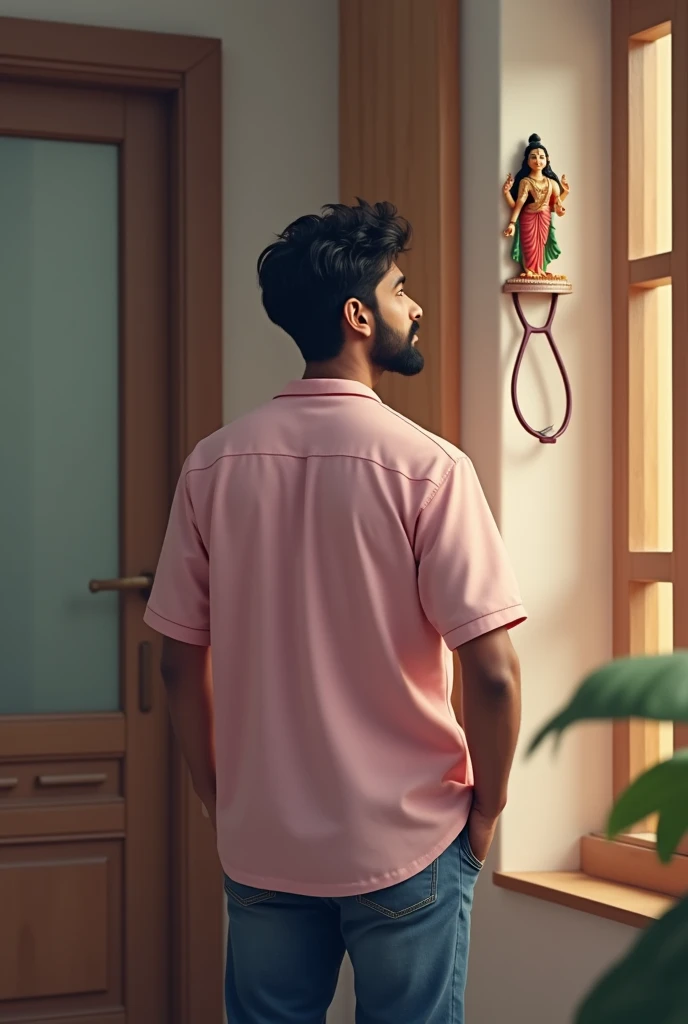 30 years Indian young man is picking up his stethoscope from the hanger at his house. He has thin beard, he wears light pink shirt, blue jeans. His backside should be displayed. Goddess durga small standing idol is also there.