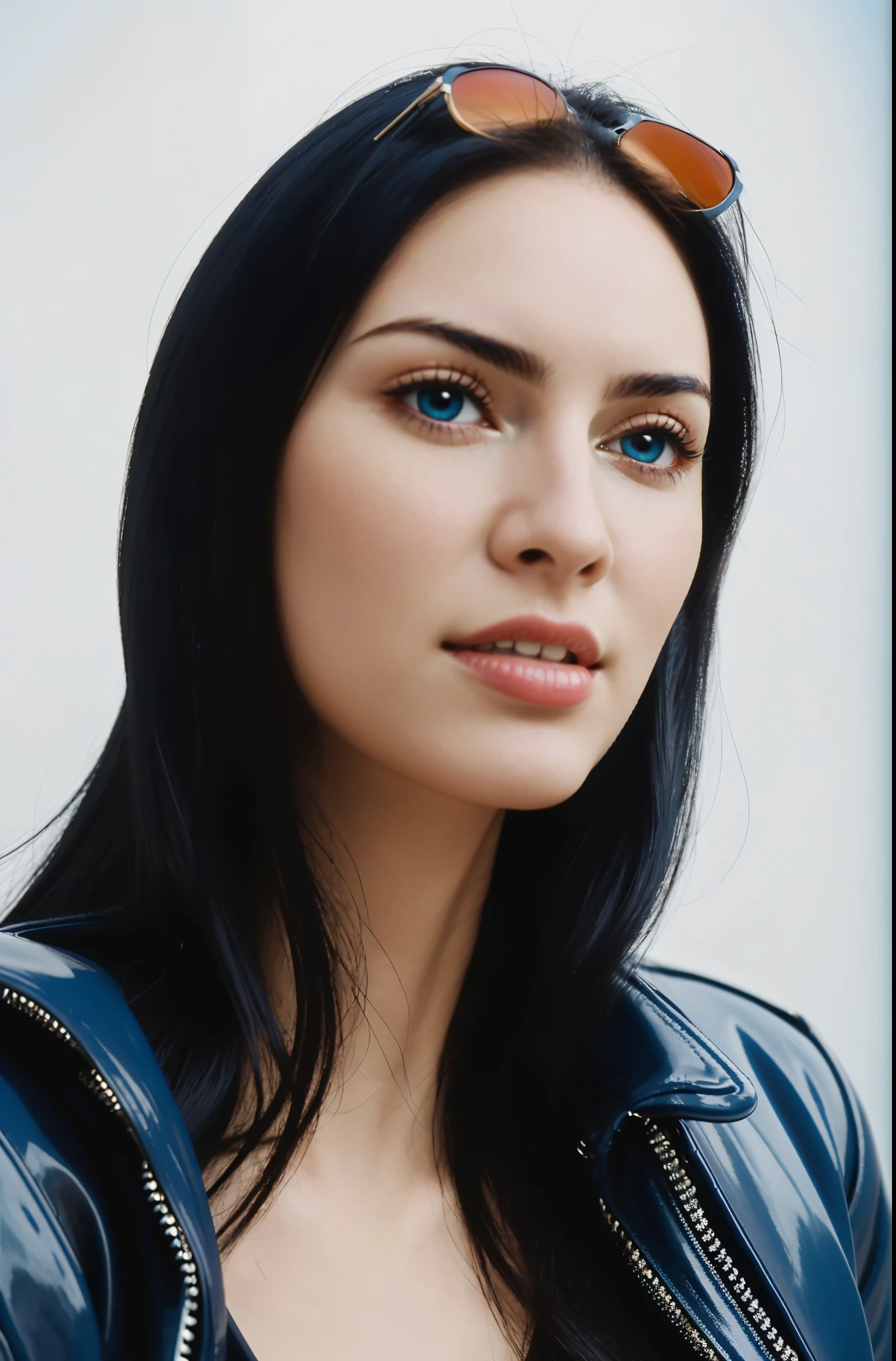 ultra realistic 8k cg, (white background, delicate pattern, intricate detail, highly detailed, fine details), best quality, (photorealistic:1.4),beautiful lighting, absurdres, RAW photo, film grain, ((big breasts, slim girl, close-up, portrait)), Nico robin, Woman in dark blue leather jacket, sunglasses above the head, 1girl, solo, black hair, long hair, (, blue eyes), ((slim girl, big breasts)), smile, (simple detailed background, nature environment, close-up, portrait),stunning attractive figure, beautiful photo of sexy woman, looking seductively in front, black natural hair,ultra realistic 8K CG, masterpiece, ((white background, delicate pattern, intricate details)), (highly detailed, fine details), best quality, 1 girl, big breasts ), 1, white skin, femenine, sunglasses above the head, charming, long hair, perfect body, standing on the floor,natural ilumination, too white skin, (close-up, editorial photograph of a 1 woman), (highly detailed face:1.4) (smile:0.7) (background inside white, moody, private study:1.3) POV, by lee jeffries, nikon d850, film stock photograph ,4 kodak portra 400 ,camera f1.6 lens ,rich colors, hyper realistic ,lifelike texture, natural lighting , cinestill 800, natural makeup , too white skin, lovely, femenine, happy,absurdres, highres, ultra detailed, (1 young beautiful girl, solo:1.1) , big chest, chest perfect, big breasts, big breasts, A close-up of a woman wearing a leather blue jacket, black hair, Nico robin, Beautiful figure, very seductive pose, sexy, sweet girl, white skin, Nicorobin, perfect eyes, very white skin, in front of a white wall, too white girl, very white girl, nico robin, ultra high quality, 1 girl, Woman in dark blue leather jacket, hair back, sky blue eyes, sunglasses above the head
