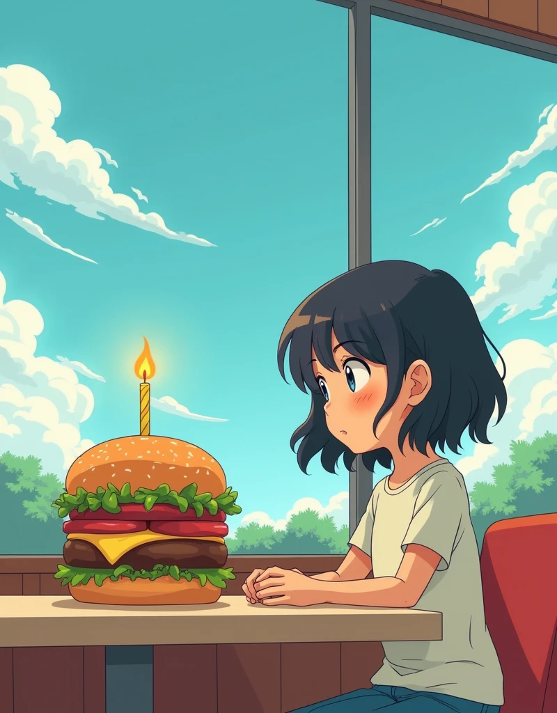 Front. A girl is sitting alone in McDonald's, making a wish for a burger with a birthday candle on the table in front of her. The scene is in the simple cartoon style of 90s anime, with cartoon rendering, solid colors and thick lines, reminiscent of high-contrast gouache paintings under sunny blue sky and white clouds.