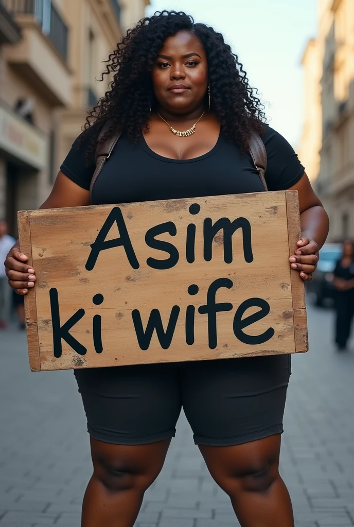 A big fat black girl holding a board in that board asim ki wife is written
