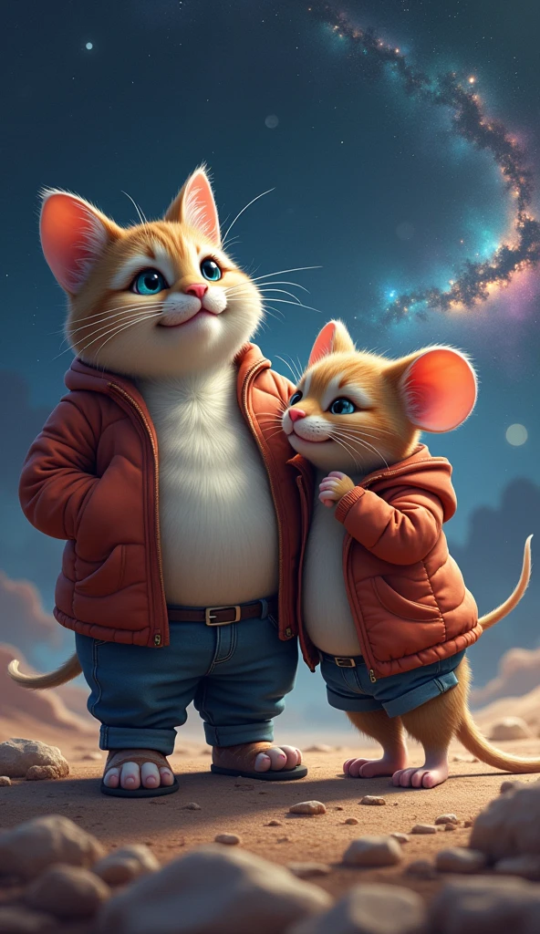 fat cat and fat mouse hanging out in space, act human and wear clothes, hình ảnh nghệ thuật 4k, sharp creative space ideas