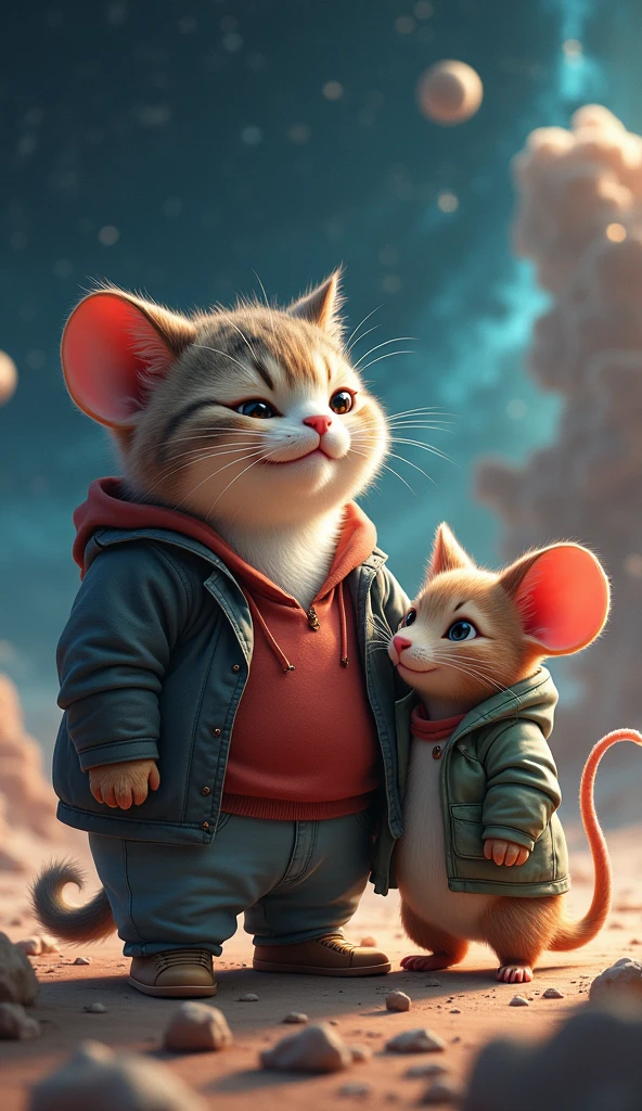 fat cat and fat mouse hanging out in space, act human and wear clothes, hình ảnh nghệ thuật 4k, sharp creative space ideas