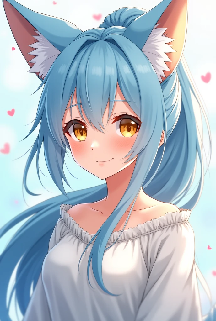 fox anime girl model with long light blue hair tied in a ponytail and yellow eyes
