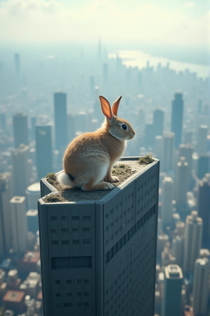 Create a 4k photo a rabbit top of building 