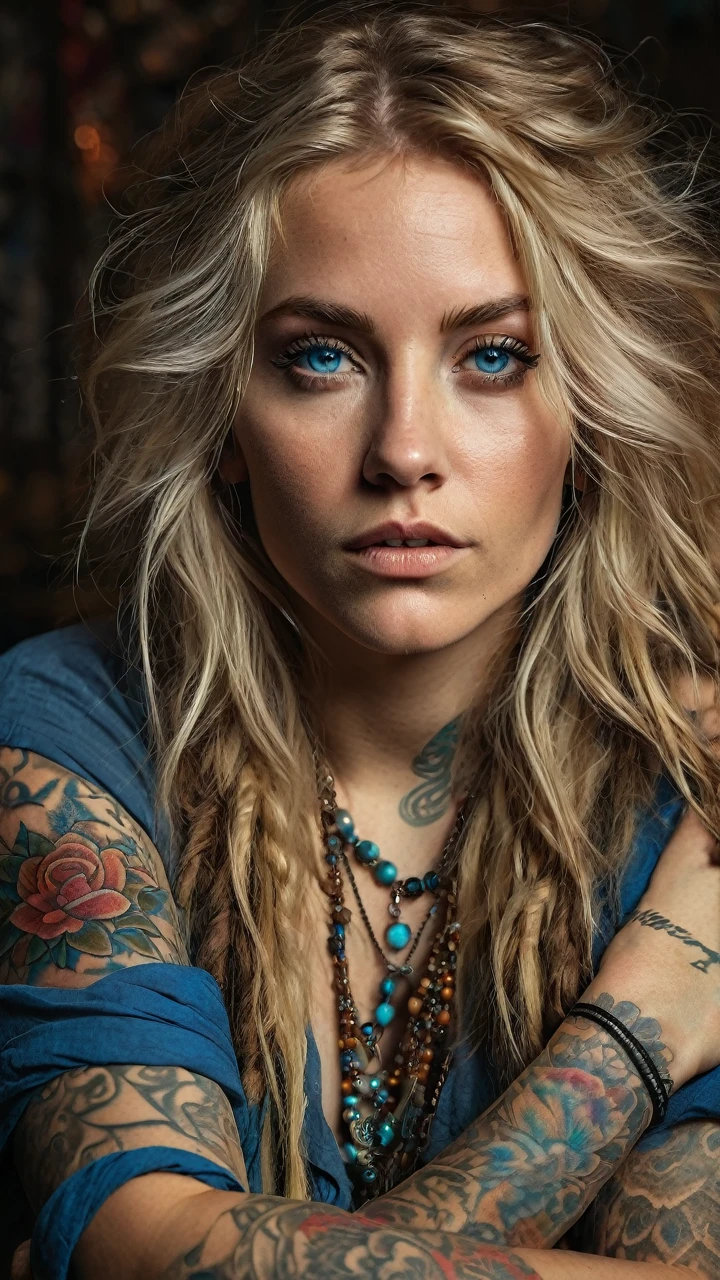 A woman with a rude appearance, long messy blond hair, wearing bohemian style clothing, blue eyes, tattoos on her arms, detailed face, highly detailed, 8k, photorealistic, studio lighting, portrait, dynamic pose, dramatic lighting, warm color tones, moody atmosphere