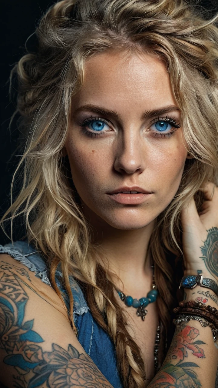 A woman with a rude appearance, long messy blond hair, wearing bohemian style clothing, blue eyes, tattoos on her arms, detailed face, highly detailed, 8k, photorealistic, studio lighting, portrait, dynamic pose, dramatic lighting, warm color tones, moody atmosphere