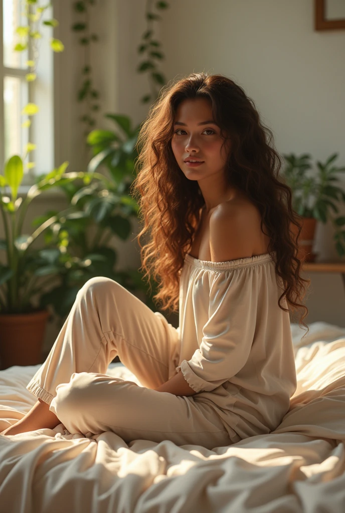 (photorealism:1.2), beautiful woman, sitting on bed, wearing loose off-shoulder top, pajama pants, long curly hair, indoors, soft lighting, plants in background, window with sunlight, cozy room, relaxed pose, realistic, intricate details, warm colors, by Greg Rutkowski, by Alphonse Mucha