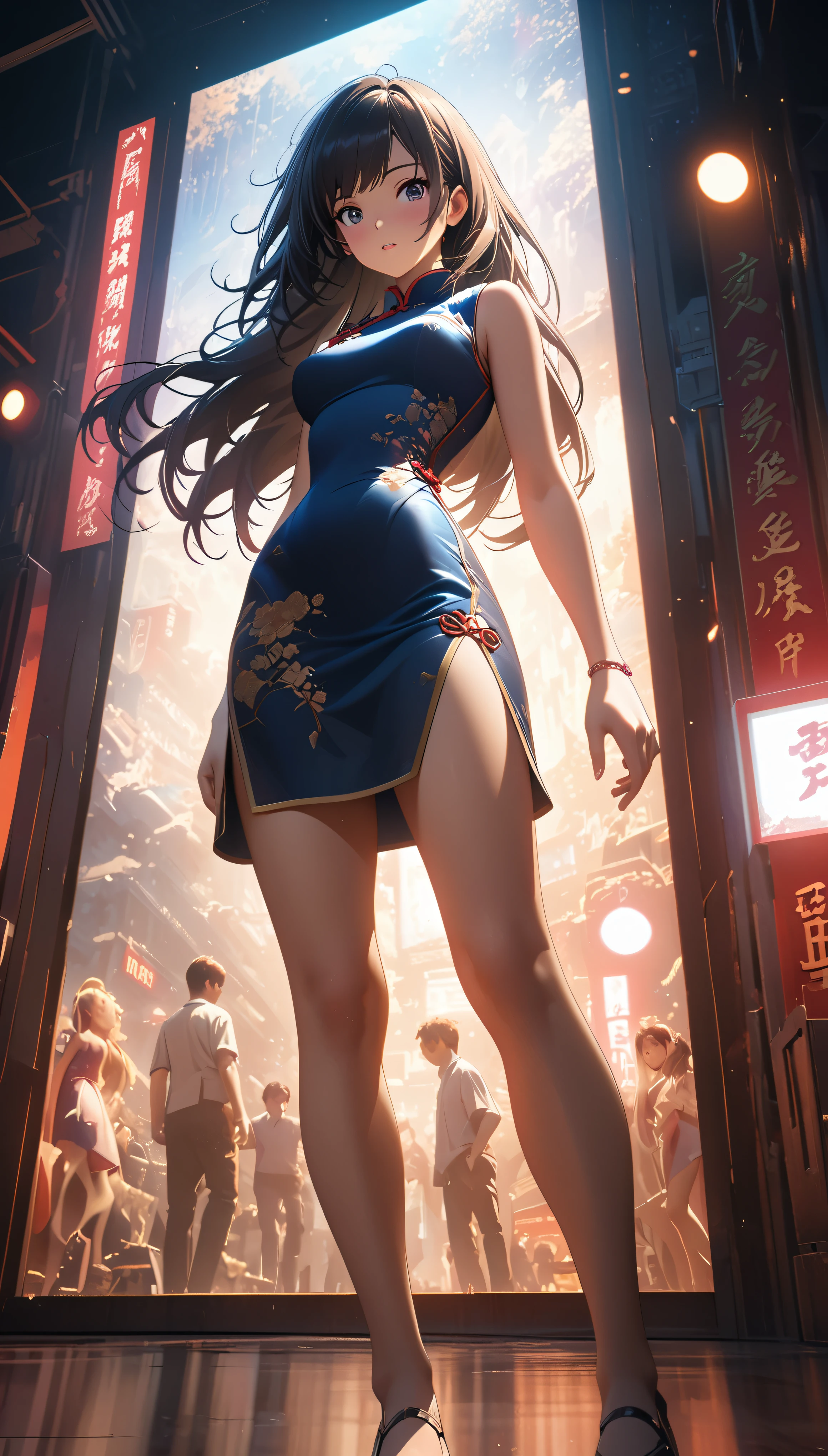 Cheongsam Girl，Long Hair，Pure white background，Depth of written boundary，Low angle view，Calf Level View，Overclocked Renderer，Cinema Lighting，Ultra-fine，Very detailed，complicated，Cinematic Perspective，CG Art，Side zipper