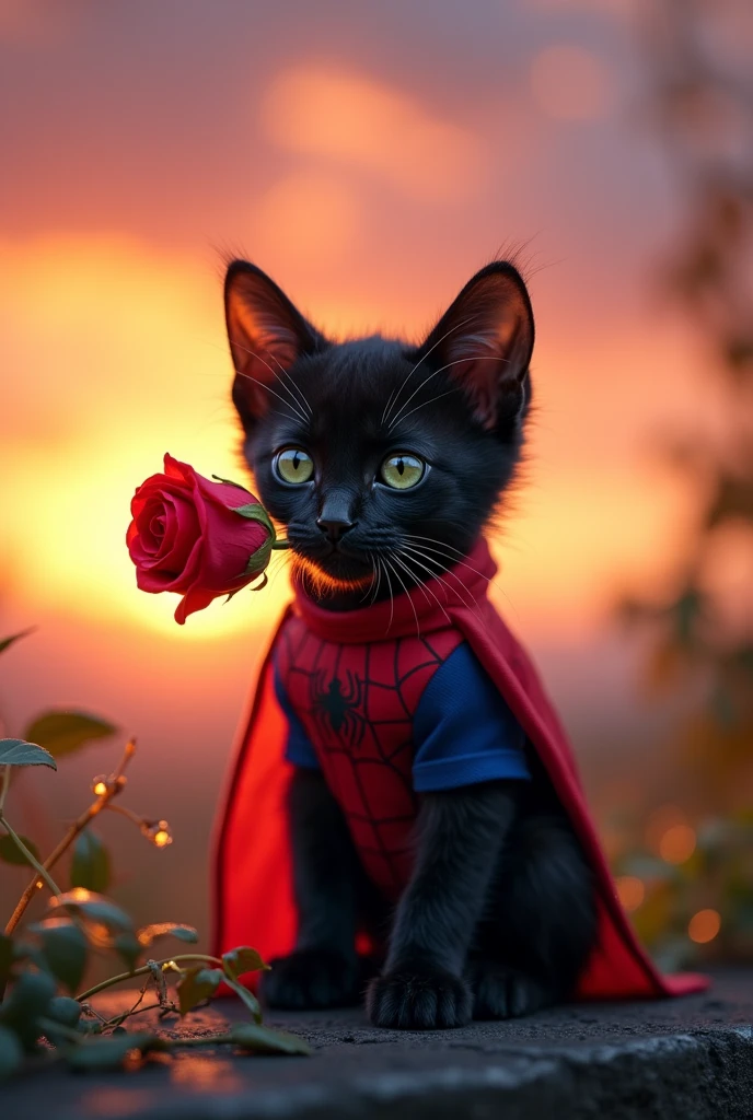 A black kitten with green eyes wearing a spiderman costume with a red rose in her mouth in a beautiful sunset