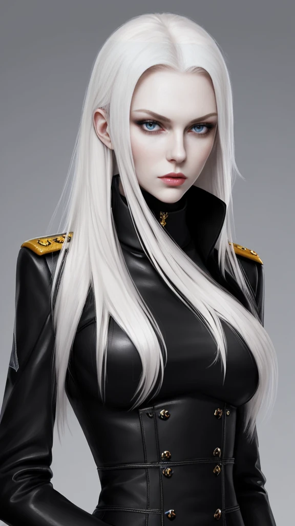 Tall and slender Russian beauty。2。Her platinum blonde hair is half-up。Expressionless and cold。The eyes are kind.。Wearing jet black military uniform。