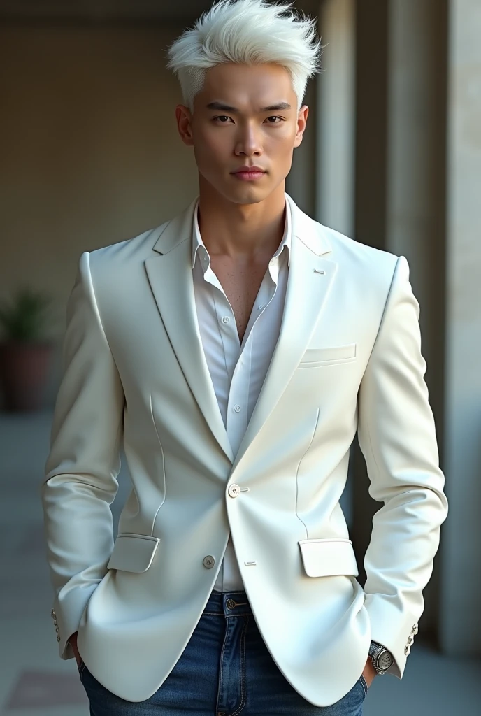 Handsome young man, white hair, full boby, white suit, jeans