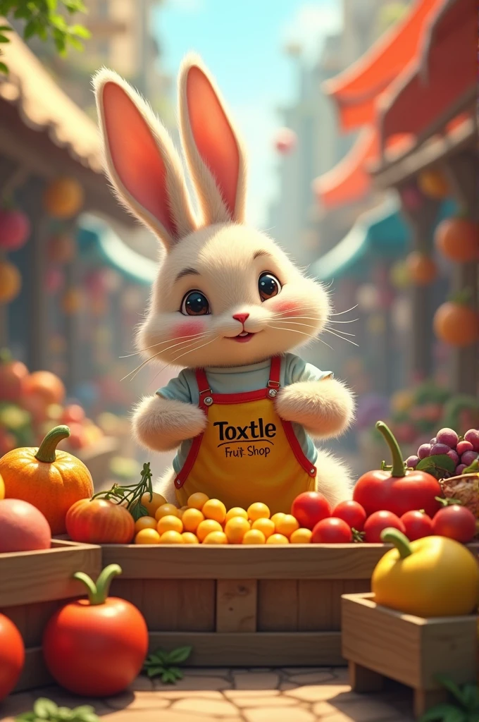 A rabbit with an apron that says Toxtle fruit shop, selling fruits and vegetables at a market