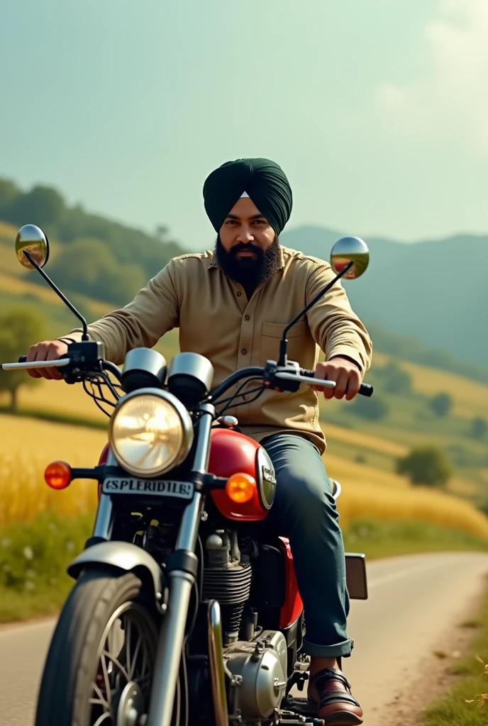 A person in punjab with turban of black colour on splendor motercycle
