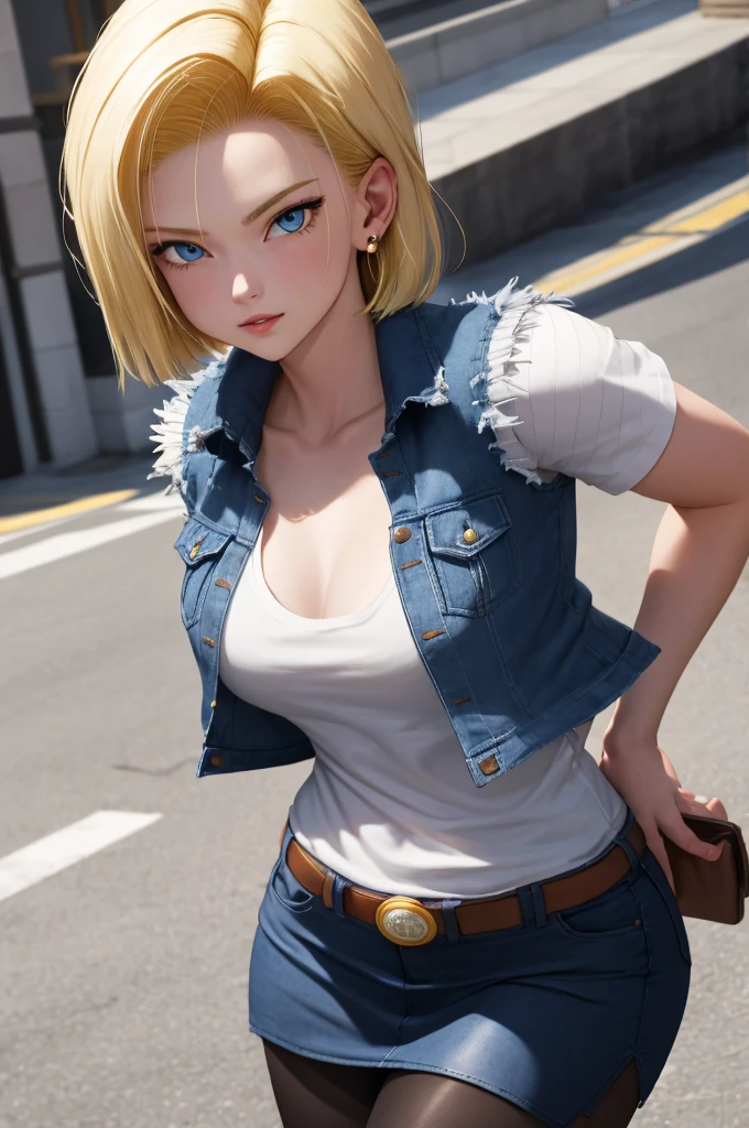 Best Quality, and18, 1girl in, Android 18, Solo, Blonde hair, Blue eyes, Short hair, earrings, Jewelry, Denim Short Sleeve Vest, open vest, Black pantyhose, Black shirt, jean skirt,  Blue skirt, medium breasts, Cowboy Shot, Street, (Externally expanded Chest: 1.2)