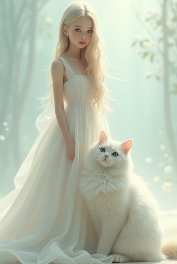 White girl with white cat