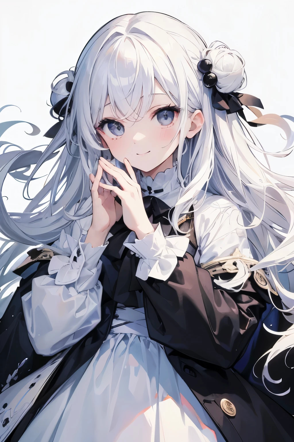 Highest quality, masterpiece,Colorful hair, Black eyes,White clothes, look up, ,hair,White skin,Long Hair, smile, Puff out your cheeks, Cover your face with your hands, Hair Flower, Puff out your cheeks, Front hair, 目の間のFront hair, Braid, Hair that covers one eye,