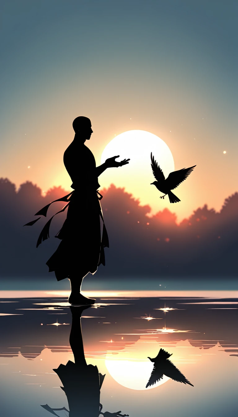 A man in a black bodysuit stands in the smoke, Priapus, Dark Black, Dark black skin, Buzz Cut, His muscles are very developed, Very tall, short hair, Blend into the smoke, Lake, Reflection, Sunset, Sunset, Bird, plum bossom, Man silhouette, Chinese, black and white, Simple style