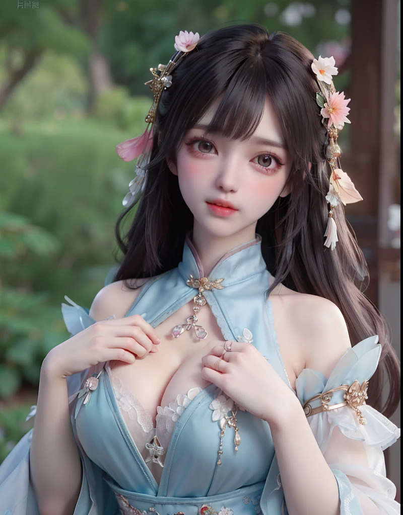 sexually provocative( 8k, RAW photo:1.2), best quality, ultra high res,dramatic angle,(fluttered detailed color splashs), (illustration),(((godess young))),(long hair),(rain:0.9), (Headdress:1.4),There is an ancient palace beside the girl,Hanfu,(Key Points),Color ink painting,(Splash of Color),Splash of Color,(((colorful))),(sketch:0.8) , Masterpiece, best quality, beautiful painted, highly detailed,(denoising:0.6),[splash ink],((ink refraction)), (beautiful detailed sky),moon,highly,detaild,(masterpiece, best quality, extremely detailed） CG Unity 8k Wallpaper，masterpiece，best quality，Ultra Detailed），（Lycoris）. hanfu open v open V-chested clothes Thin silk lace dress , (huge ，cleavage),, white pink and gren，best qualtiy，tmasterpiece，Ultra-high resolution，（Reality：1.4），RAW photogr，（True skin texture：1.3），（filmgrain：1.3），（Selfie angle），1个Giant Breast Girl，Beautiful eye and face details，tmasterpiece，Best quality at best，，The chest more exposed， detailed brapurple and green , detail 8k, upper body, lace petticoat fishnet stockings